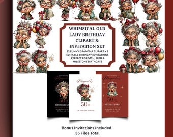 Funny Grandma Birthday Clipart, Whimsical Old Lady PNG Bundle (Digital Download )
