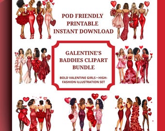 Galentine's Day Fashion Girls Clipart, Red Dress Illustration (Instant Download)