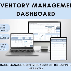 May include: An inventory management dashboard displayed on a laptop, desktop monitor, and tablet. The screens show data, charts, and the text "Inventory Management Dashboard." Additional text includes "Google Sheets Compatible," "Auto Calculations," and "Reorder Alerts Included."