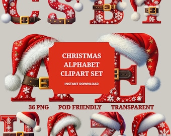 Christmas Alphabet Clipart |36 PNG | Transparent Background | POD Friendly | Instant Download