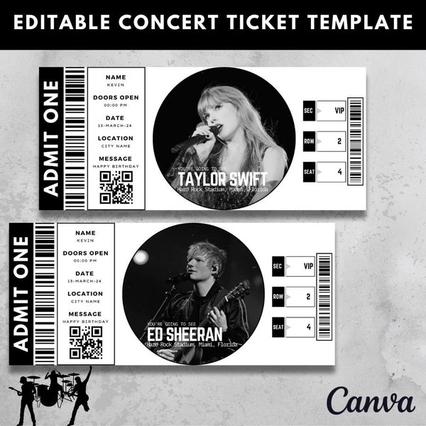 Editable Concert Ticket Template, DIY Event Ticket, Custom Concert Ticket Gift, Surprise Printable Tickets Gift Idea fully editable in canva