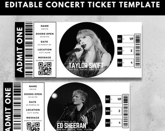 Plantilla editable de entradas para conciertos, entradas para eventos personalizadas, regalo de entradas para conciertos personalizadas, idea de regalo de entradas imprimibles sorpresa totalmente editables en Canva.