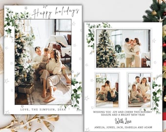 May include: A Christmas card with a collage of family photos. The card features a green and white Christmas tree, a family of four, and the text "Happy holidays" and "Wishing you joy and cheer this holiday season and a bright new year. With love, Amelia, Jones, Jack, Isabella and Adam."