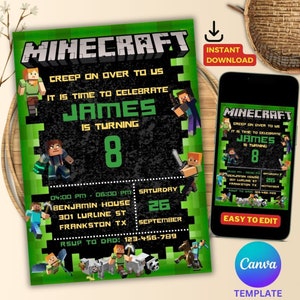 Editable Minecraft Birthday Invitation, Minecrafter birthday invitations, Minecraft Invite Template, Gamer invitation, Editable Canva Invite