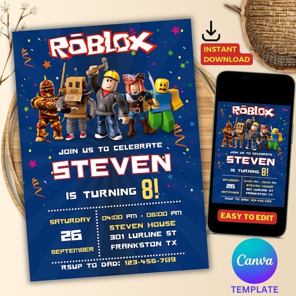 Roblox-Einladung, Roblox-Einladung, Game-Party, Roblox-Jungen-Geburtstagseinladungsvorlage, Spielgeburtstag, Kinder-Roblox, bearbeitbare Vorlage, Canva