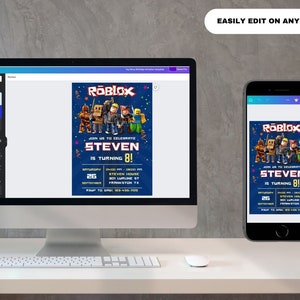 May include: A digital invitation for a Roblox themed birthday party. The invitation features a blue background with a group of Roblox characters and the text "Roblox" in a yellow font. The invitation also includes the name "Steven" and the age "8".