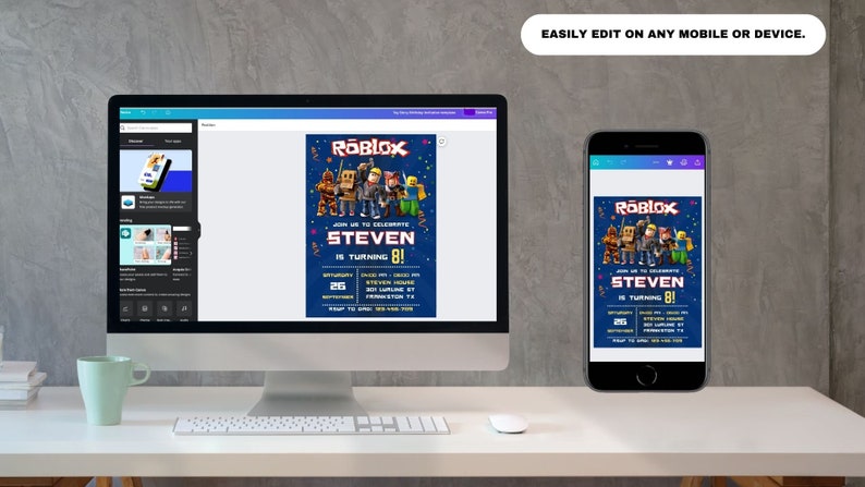 May include: A digital invitation for a Roblox themed birthday party. The invitation features a blue background with a group of Roblox characters and the text "Roblox" in a yellow font. The invitation also includes the name "Steven" and the age "8".