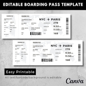 Tarjeta de embarque editable como regalo, regalo sorpresa, boleto de avión personalizado, vacaciones sorpresa, tarjeta de embarque imprimible, regalo de recuerdo de viaje