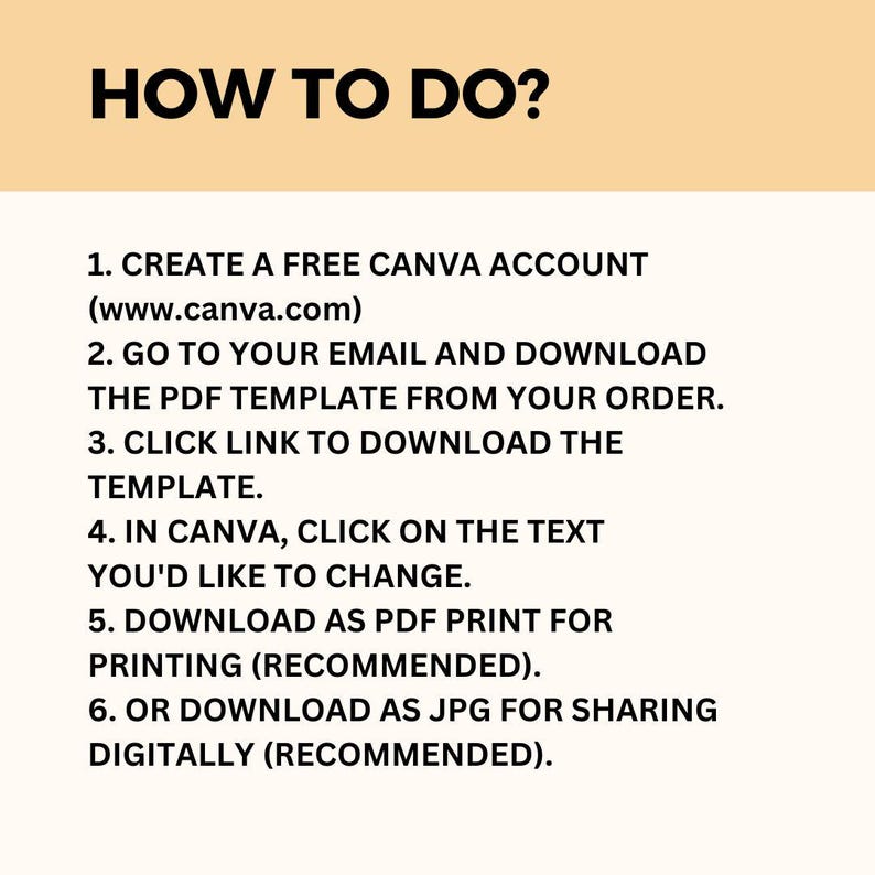 May include: A white background with black text outlining how to create a free Canva account, download a PDF template, and edit the text in Canva. The text includes the website address www.canva.com.
