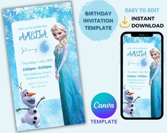 Biglietto d'invito compleanno Elsa, invito Frozen Invito elettronico festa Elsa Frozen, modificabile nel download stampabile di Canva