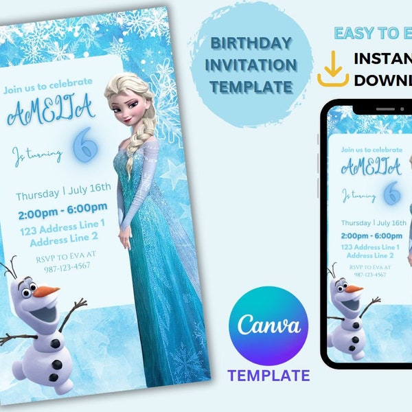 Tarjeta de invitación de cumpleaños de Elsa, invitación de Frozen Invitación electrónica de fiesta de Elsa Frozen, editable en Canva Descarga imprimible