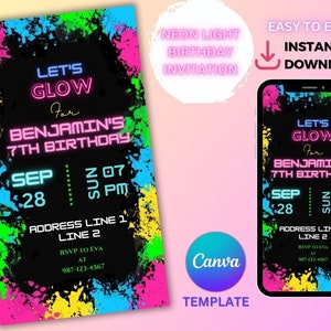 Cartão de convite de aniversário com luz de neon, convite de aniversário para festa com brilho editável, modelo de convite de festa com brilho, editável no Canva para impressão, download