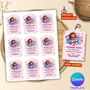 Gabbys Dollhouse Tag, Thank you tags, Editable Digital Thank You Card, Custom Birthday Party Favors, Gabby Party Favors, Instant Download