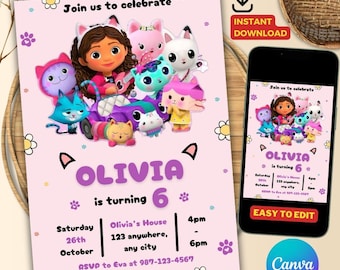 Editable Gabbys Dollhouse Birthday Invitation, Digital Gabby Dollhouse Invitation, Printable Kids Party Invites, Bday Party Invite