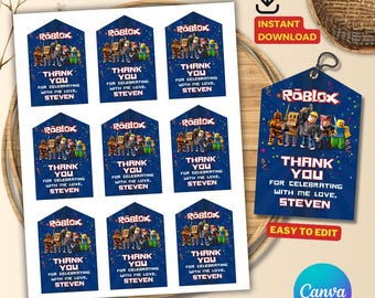 Roblox Party Favor Label Roblox printable, Roblox Thank you Tag, Roblox gift tags, Roblox Thank you tags birthday, Boys Birthday card