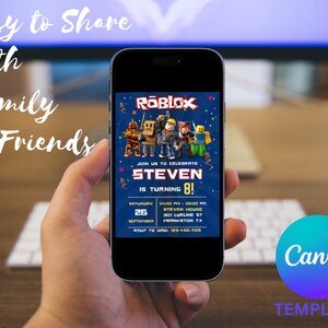 May include: A blue and yellow digital invitation for an 8th birthday party with a Roblox theme. The invitation features a group of Roblox characters and the text "Join us to celebrate Steven is turning 8!"  The invitation also includes the date, time, and location of the party.