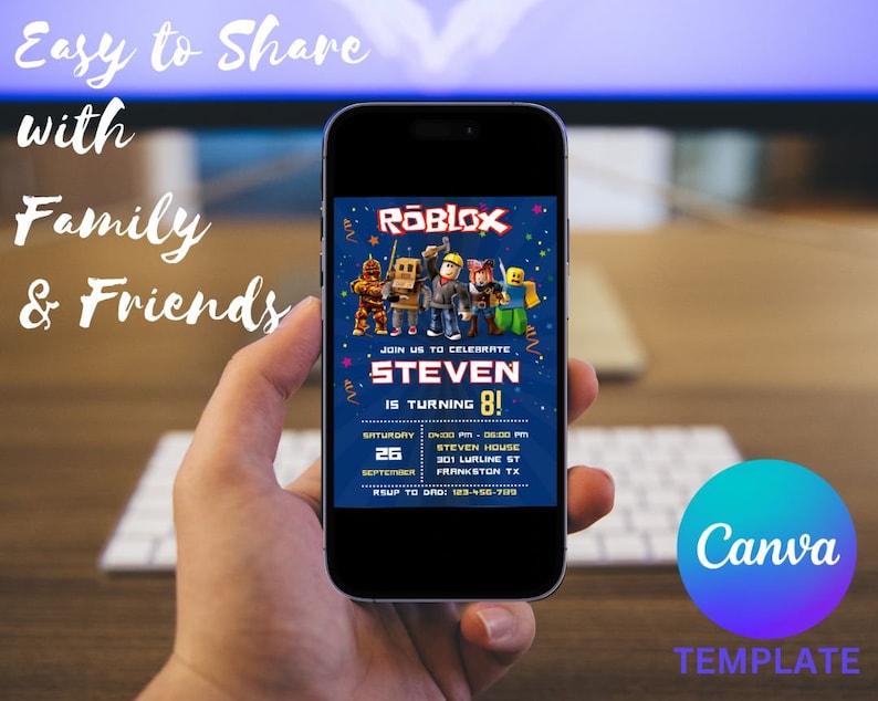 May include: A blue and yellow digital invitation for an 8th birthday party with a Roblox theme. The invitation features a group of Roblox characters and the text "Join us to celebrate Steven is turning 8!"  The invitation also includes the date, time, and location of the party.