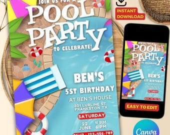 Invitación a fiesta en la piscina, invitación de cumpleaños de verano, invitación de texto, invitación a fiesta en la piscina, invitación electrónica, Canva editable