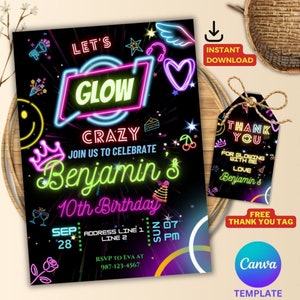 Bewerkbare Glow Party verjaardagsuitnodiging, neonlicht verjaardagsuitnodiging, Glow Party sjabloon, aanpasbare neon party uitnodiging gratis bedanktag