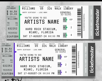 Plantilla de boletos para conciertos, boletos sorpresa para conciertos, boletos personalizados para conciertos, plantilla de boletos, talón de boleto falso para conciertos, regalo de cumpleaños para ella/él