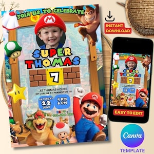 Convite de aniversário do Super Mario, convite de aniversário do Mario Bros, convite do Mario, modelo de aniversário do convite do Mario para impressão editável