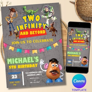 Toy Story-Einladung, zwei Unendlichkeit und darüber hinaus, bearbeitbare Einladung, Jungenparty, digitales Evite, Toy Story digitale Einladung, bearbeitbare Canva