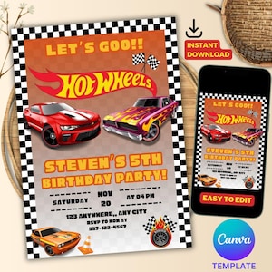 Bewerkbare Hot Cars-uitnodiging voor kinderen Race Cars verjaardagsfeestje Race Cars-uitnodiging Hot Car Wheels-uitnodigingssjabloon Afdrukbare digitale uitnodiging