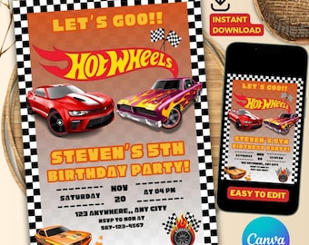 Kids Editable Hot Cars Invitation Race Cars Birthday Party Race Cars Invitation Hot Car Wheels Invitation template Printable digital Invite