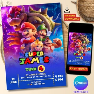 Convite Mario Bro, Convite de aniversário Super Mario, Convite Super Brothers boy, Videogame, Convite infantil, Modelo editável, Canva editável