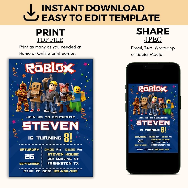 May include: A blue and black printable invitation with a Roblox theme. The invitation features a group of Roblox characters and the text "Join us to celebrate Steven is turning 8!" with details for the party, including the date, time, location, and RSVP information.