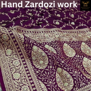 Traditional Banarasi Hand Embroidered Zardozi work Saree with Blouse, Handloom Pure Katan silk Saree for wedding, Festivals Party, Women USA