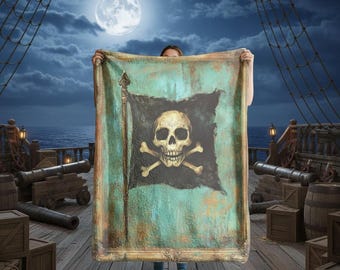 Gothic Pirate Skull Blanket, Vintage Flag Art, Dark Academia Decor.