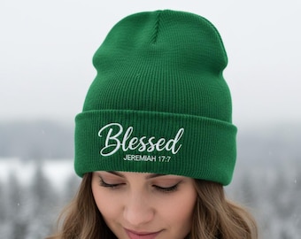 Blessed Beanie | Jeremiah 17:7 Christian Hat, Embroidered Scripture Winter Cap, Religious Gift for Men Women, Faith Based Apparel, Green