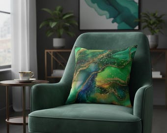 Funda de almohada abstracta verde esmeralda, funda de almohada con tinta de alcohol y detalles dorados.