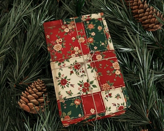 Floral Patchwork Christmas Wrapping Paper, Quilt Style Gift Wrap.