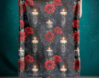 Gothic Red Roses & Candles Sherpa Blanket | Dark Romance Throw.