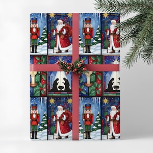 Stained Glass Christmas Wrapping Paper: Santa, Nutcracker, Nativity.