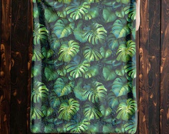Monstera Sherpa Fleece Blanket: Tropical Jungle Home Decor.