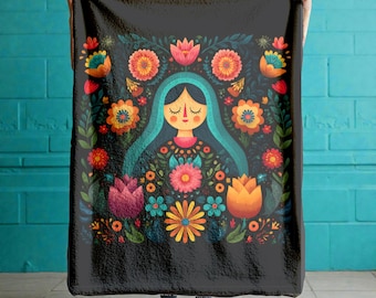 Mexican Folk Art Sherpa Fleece Blanket, Latina Woman Floral Throw.