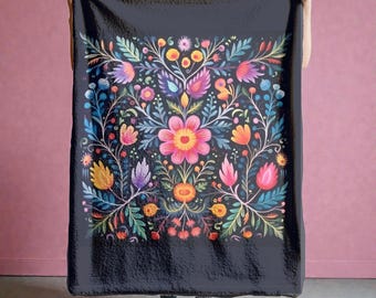 Mexican Folk Art Floral Sherpa Fleece Blanket, Otomi Style.