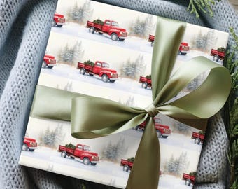 Farmhouse Christmas Wrapping Paper: Red Vintage Truck and Snowy Scene.