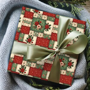 Christmas Patchwork Wrapping Paper, Vintage Floral Quilt Style.