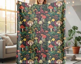 Whimsical Mushroom Blanket Cottagecore Woodland Throw Enchanted Forest Cozy Sherpa Fleece Nature Decor Gift