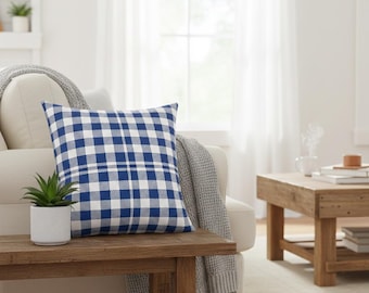Blue and White Gingham Throw Pillow, Farmhouse Accent.