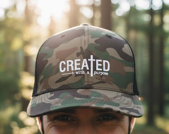 Camo Created with a Purpose Hat | Christian Camouflage Trucker Cap, Faith Based Gift for Men, Religious Mesh Back Hat, Cross Scripture Hat