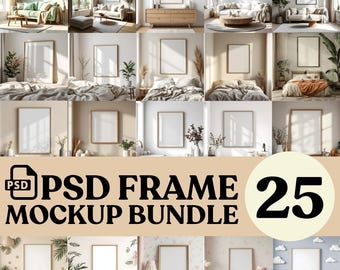 May include: A set of 25 photo frame mockups in various interior settings. The mockups feature different frame sizes and styles, with some frames placed on shelves, tables, and walls. The mockups are ideal for showcasing artwork, photography, or other visual content.