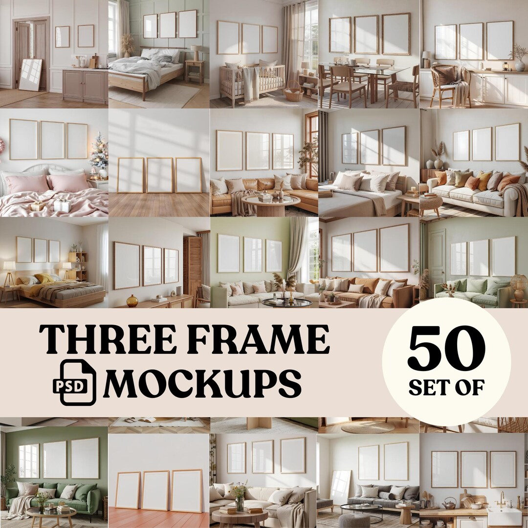 Three Frame Mockups Set of 50: Home Interior, 3-frame Layout (PSD & JPG ...