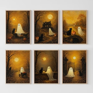 Halloween Wall Art, Set of 6, Halloween Gallery wall set, Moody Ghosts Autumn Decor Digital, Whimsical Halloween Decor, Cottage core Decor