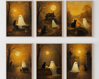 Halloween-galerijmuurkunstset: grillige geesten, humeurig herfstdecor (digitale download 6 jpg's)