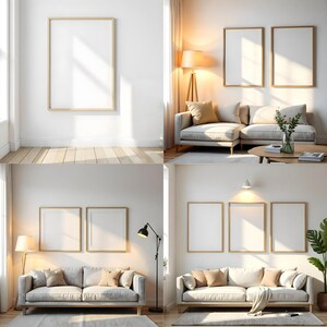 May include: Four different living room scenes featuring a light grey sofa and framed artwork on the wall. The artwork is blank and can be used for mockups.